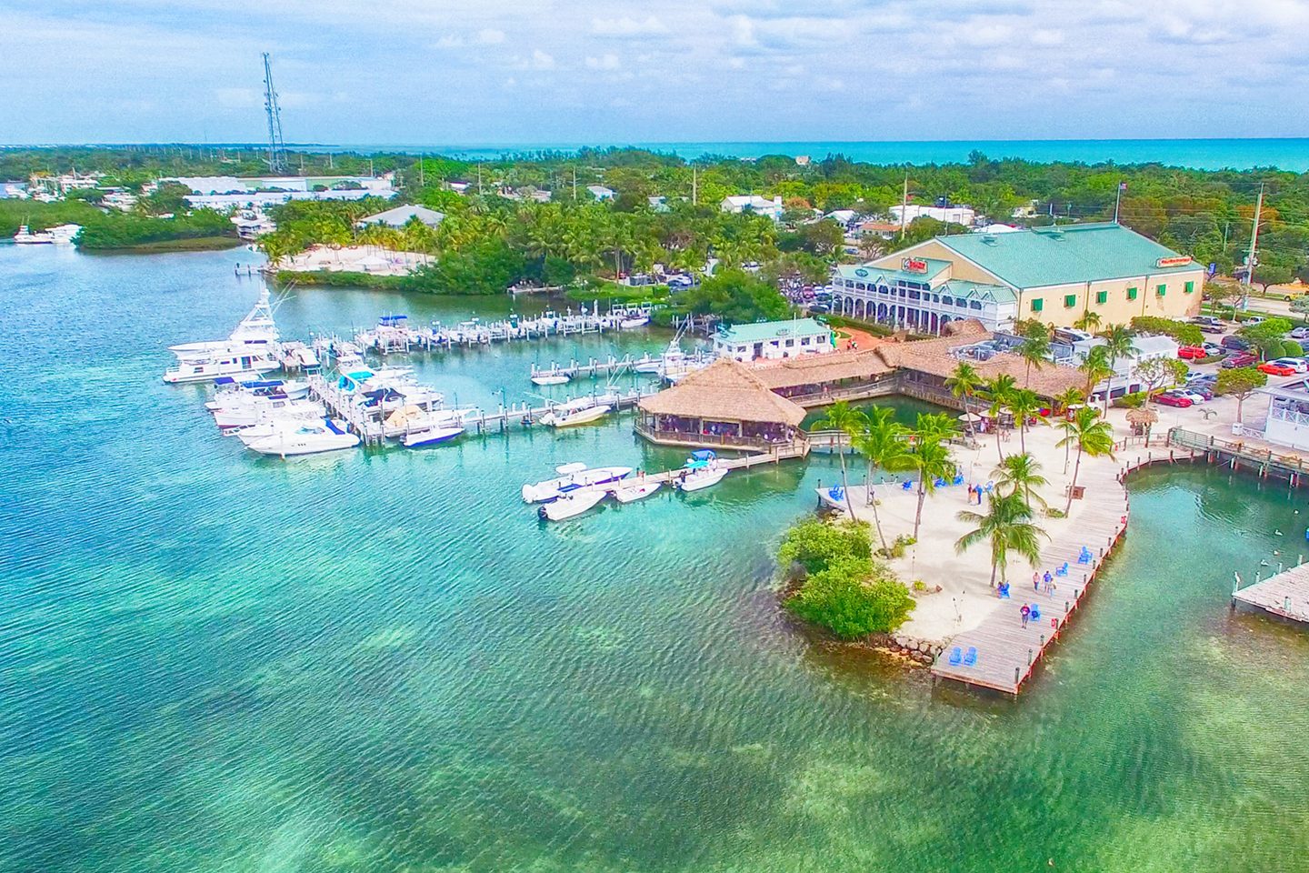 An aerial view of Islamorada's pier on a bright day.