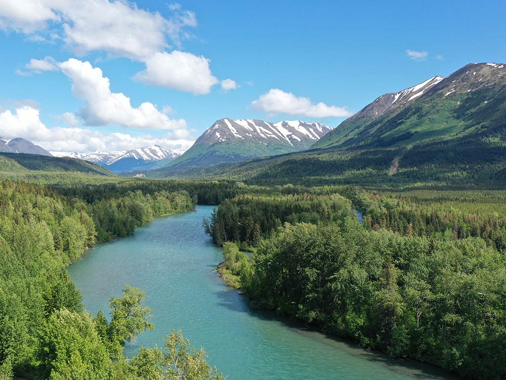 An aerial view of the Kenai River in Alaska.