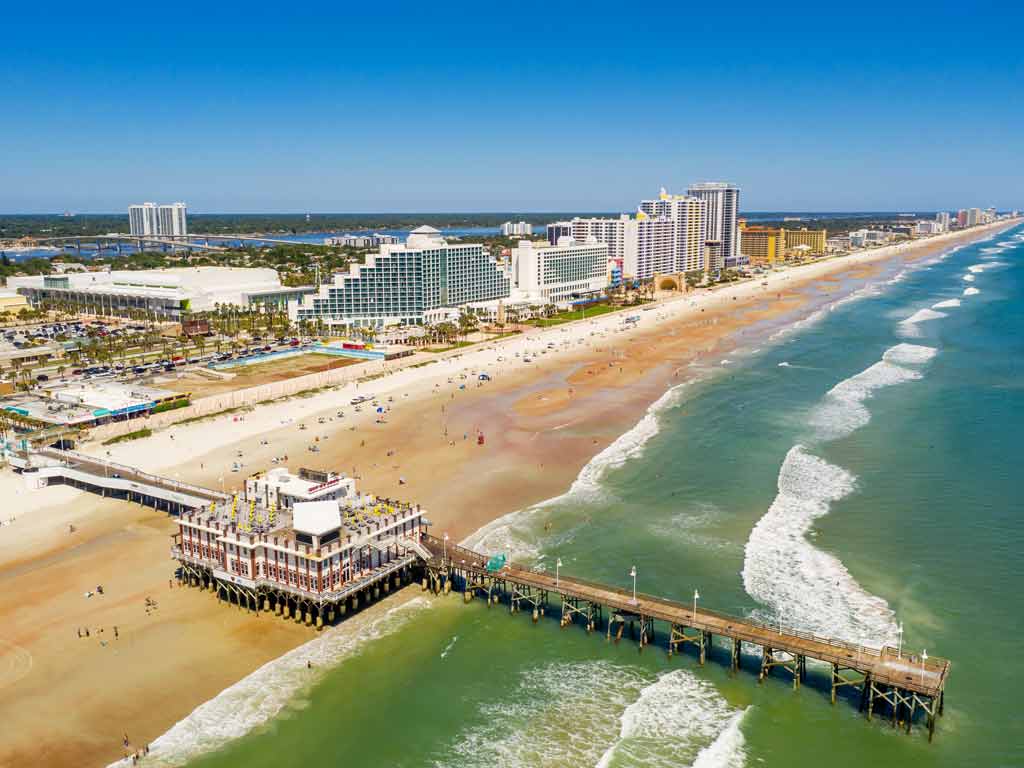 An aerial view of the city and shoreline in Daytona Beach, Florida