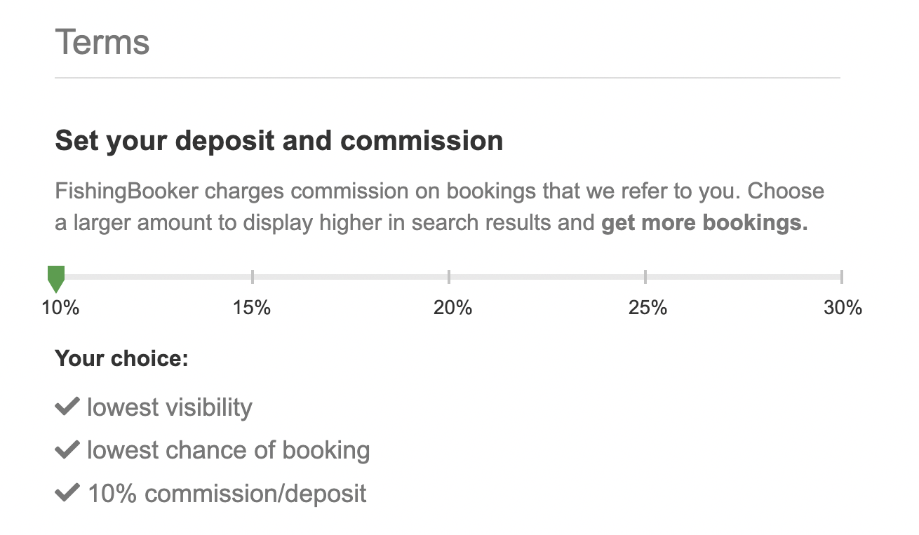 Commission: The right amount for you business 20 An animated GIF showing FishingBooker's commission picker at 10%, 20%, and 30%