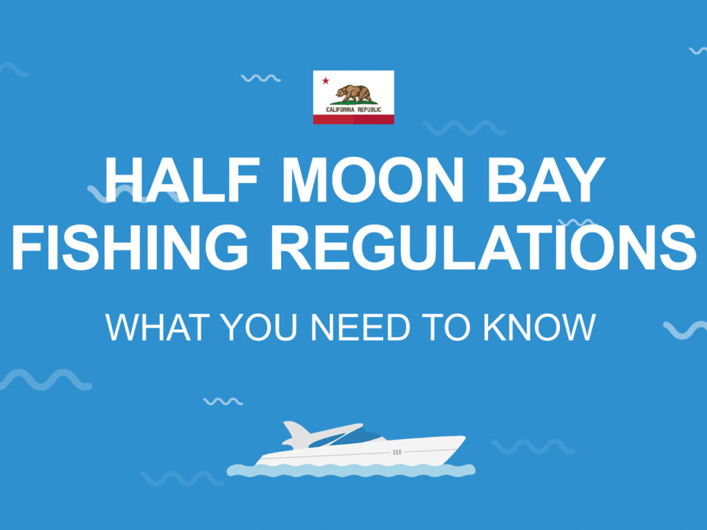 An infographic stating "Half Moon Bay Fishing Regulations – What You Need to Know" in white against a blue background with the California state flag and vector of a boat
