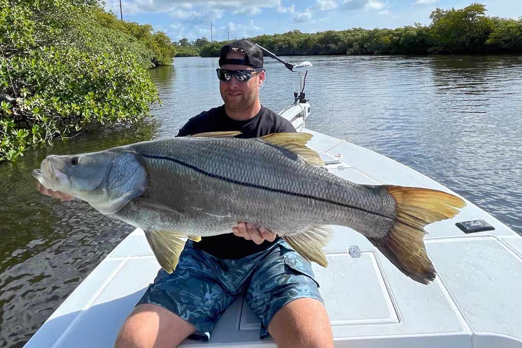 A man sitting on a boat, holding a large Snook, with Florida's inshore waters and mangroves in the preliminaries on a sunny day