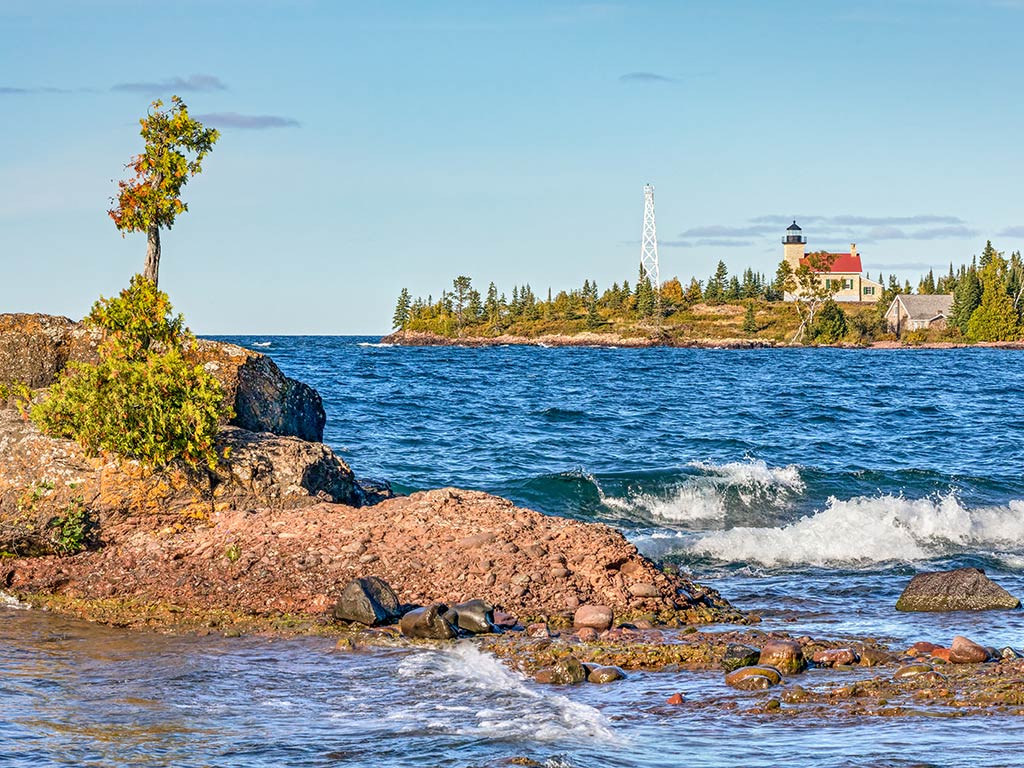  The Keweenaw Peninsula on a bright summer day, with the Copper Harbor lighthouse in the background.