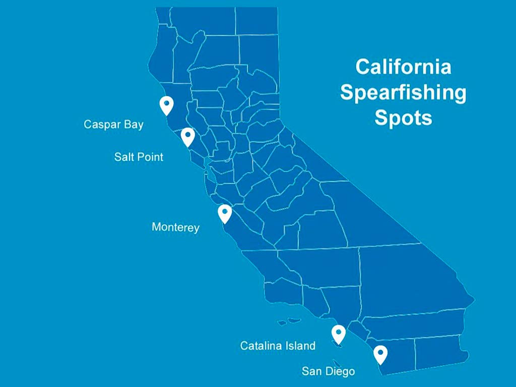 An infographic showing map of California and the pins where the best spearfishing spots like Caspar Bay, Monterey, Salt Point, Catalina Island, and San Diego are