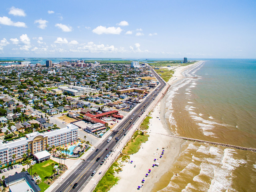 An aerial view of the coastline in Galveston, Texas.