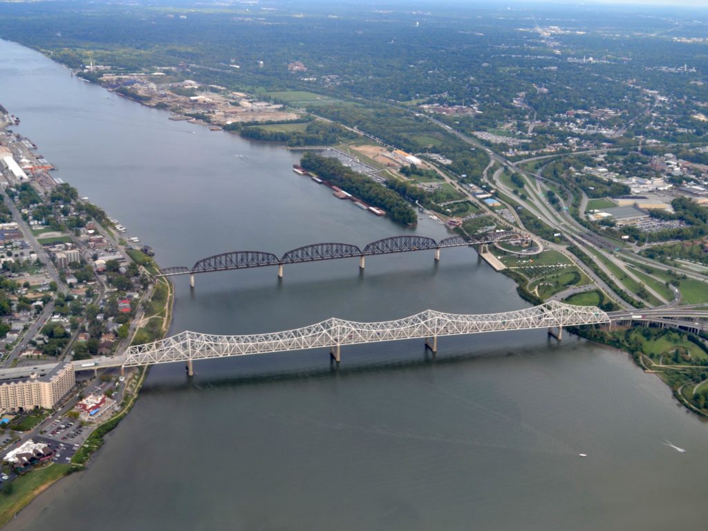 Aerial view of the Ohio River between Jeffersonville, Indiana and Louisville, Kentucky 