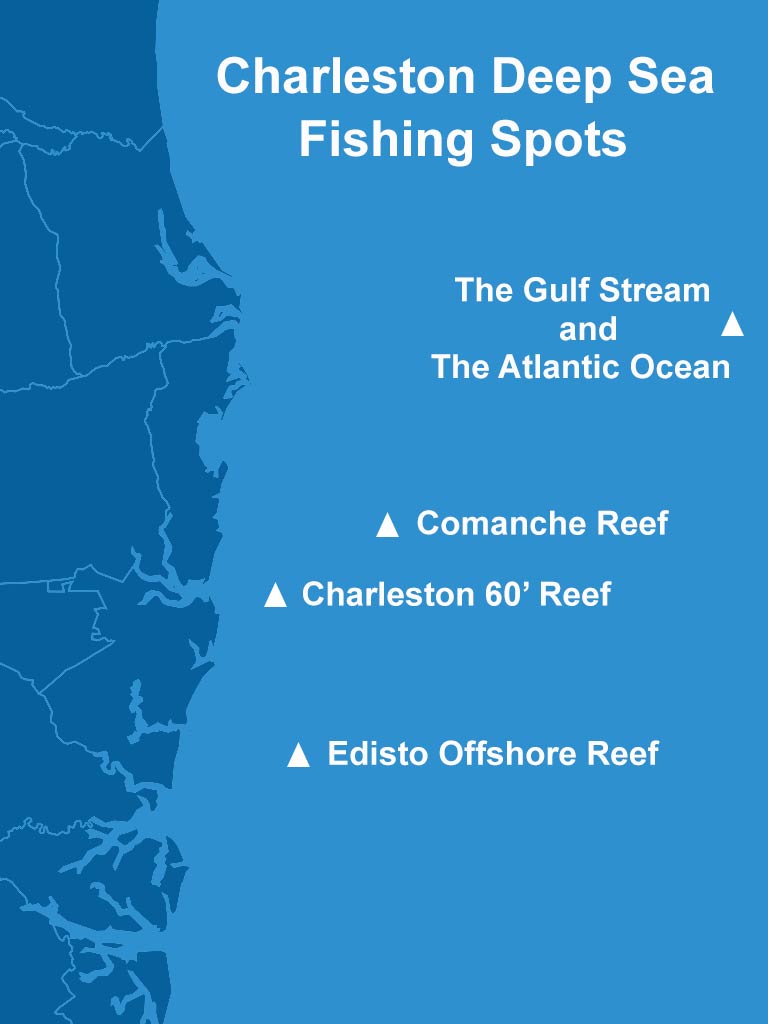 An infographic featuring a map of Charleston in South Carolina and text that says "Charleston Deep Sea Fishing Spots" and names of the hotspots against a blue background