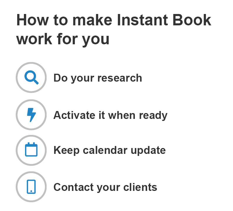 An infographic showing four steps how to make Instant Book work for you along with the recording of Captain Payton Anderson talking about it