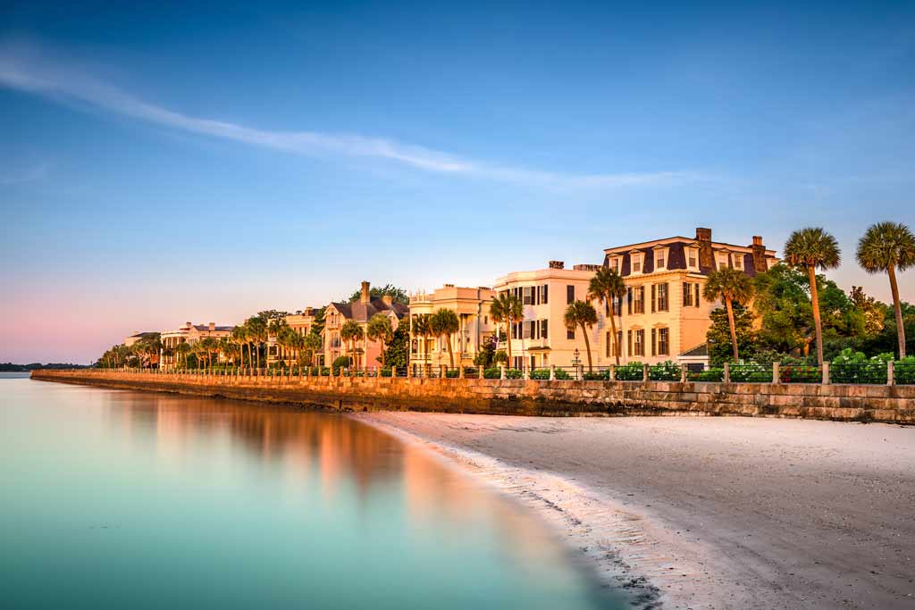 A view from the water of waterfront houses in Charleston, South Carolina