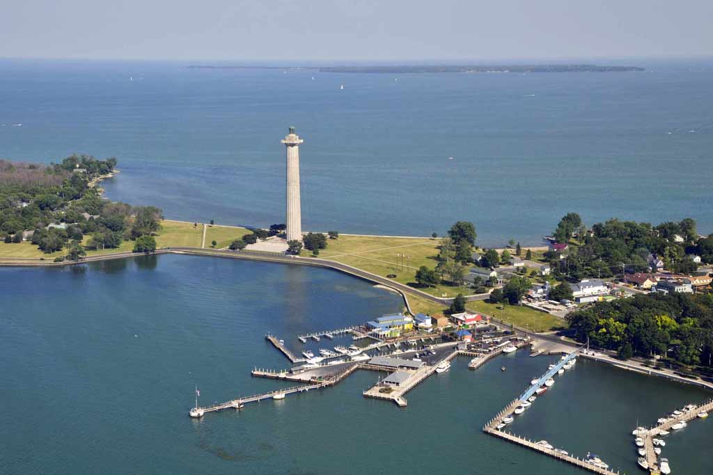 An aerial view of Put-in-Bay, Ohio with a monument in its center