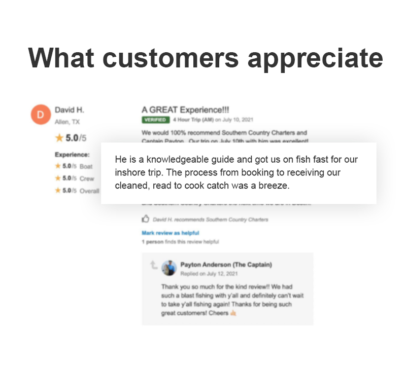 An infographic with the title "What customers appreciate" showing the review a client left for Captain Payton Anderson of Southern Country Charters on FishingBooker after completing a trip with him booked through Instant Book