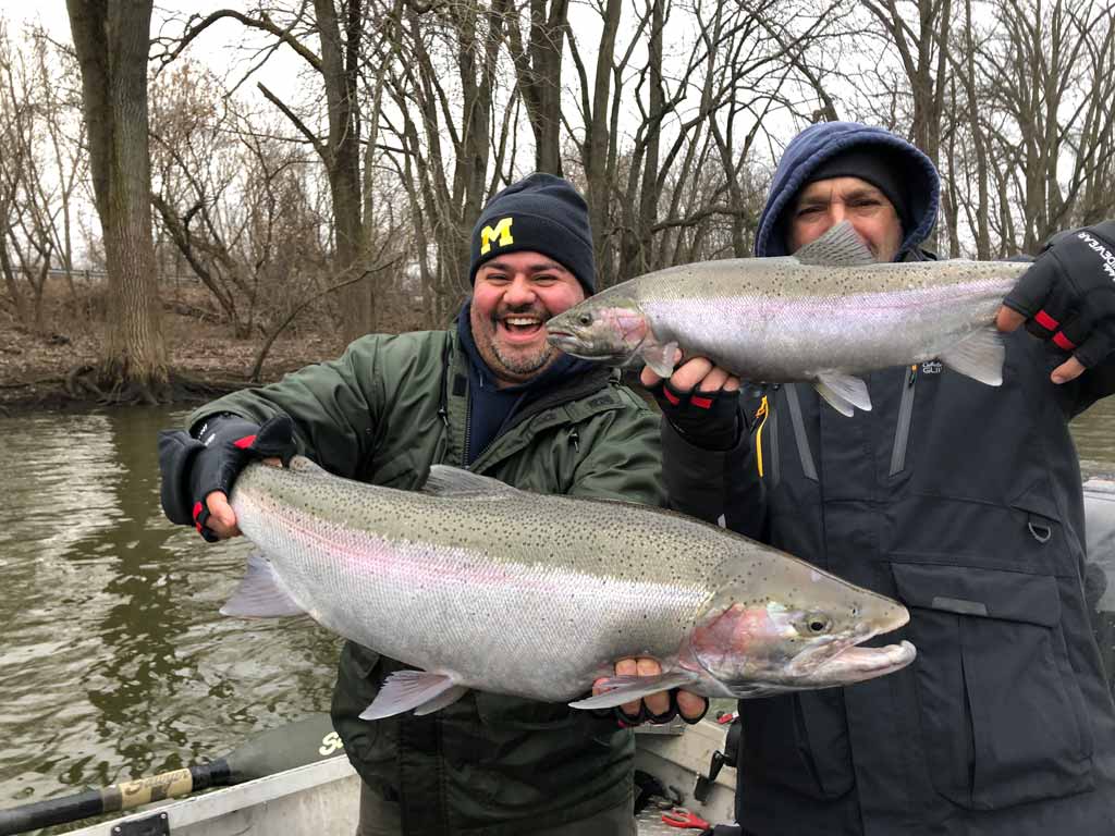 Two Muskegon River anglers holding a Steelhead each towards the camera.