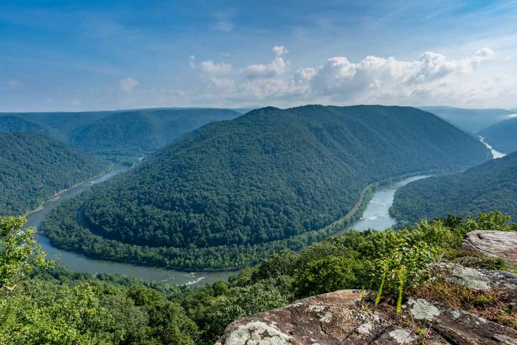 An aerial view of the New River Gorge in West Virginia