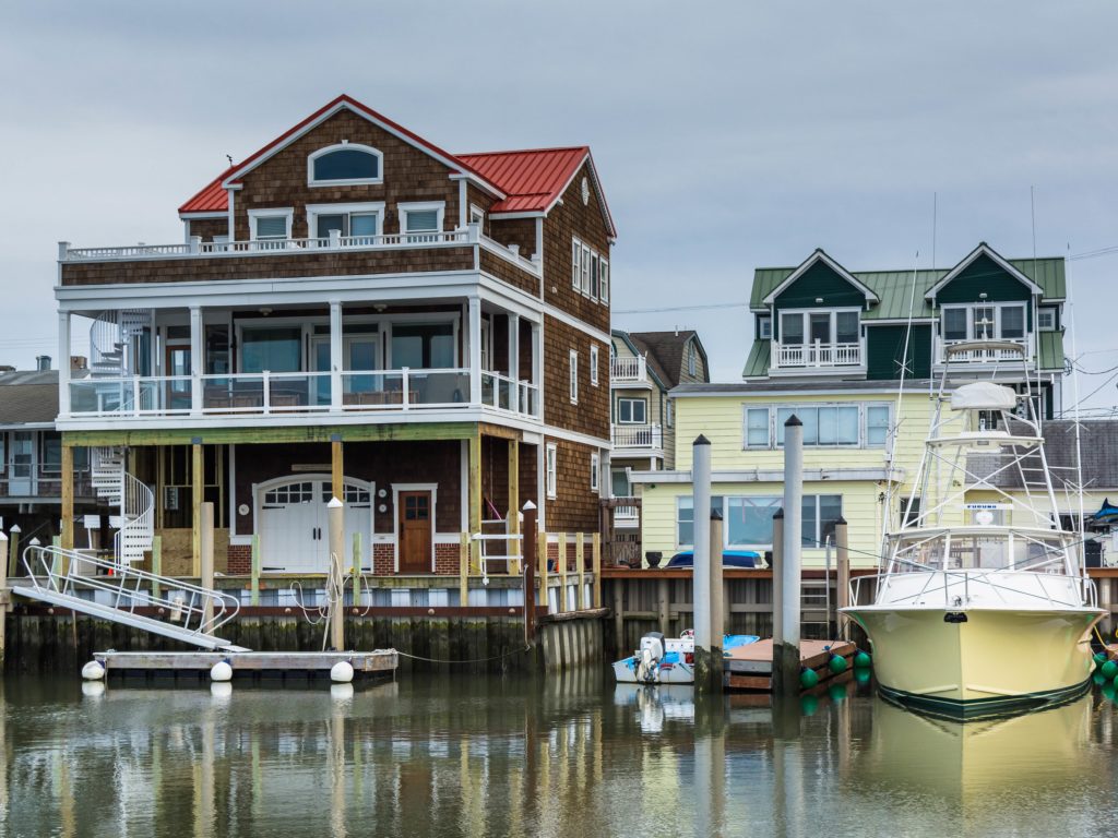 Buildings and boats along Cape May Harbor in Cape May, New Jersey. 