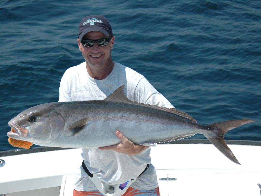 A man holding a Greater Amberjack he caught fishing the reefs off Oregon Inlet.