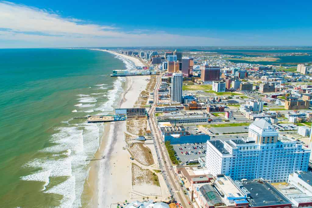 An aerial view of Atlantic City, New Jersey with the ocean on the left-hand side of the image