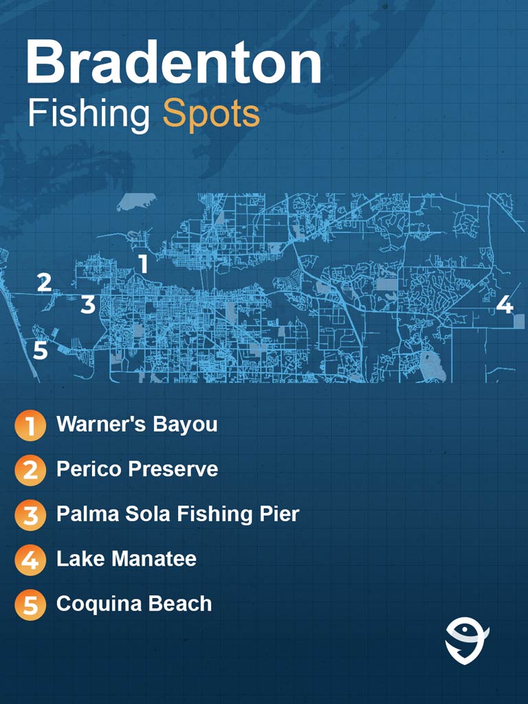 An infographic featuring the best Bradenton fishing spots and text that says "Bradenton Fishing Spots" and names of the hotspots against a blue background with FishingBooker logo