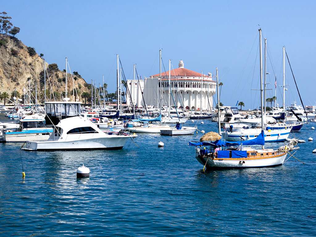A view across the marina towards an old building on Catalina Island on a sunny day