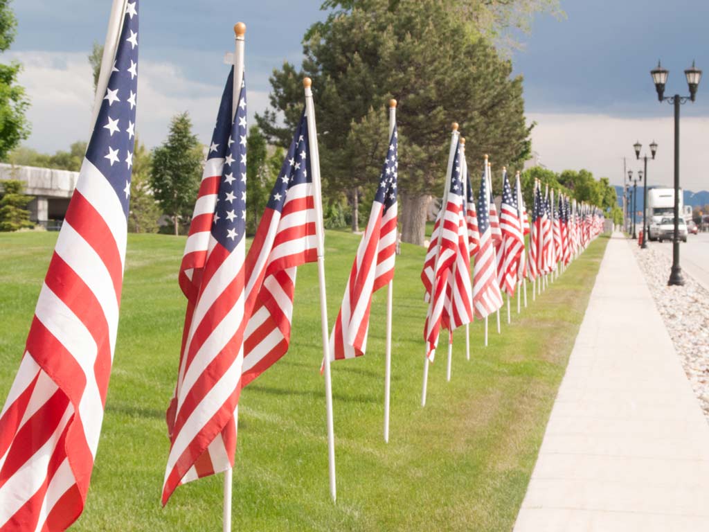 American flags lined along a street somewhere in the US.