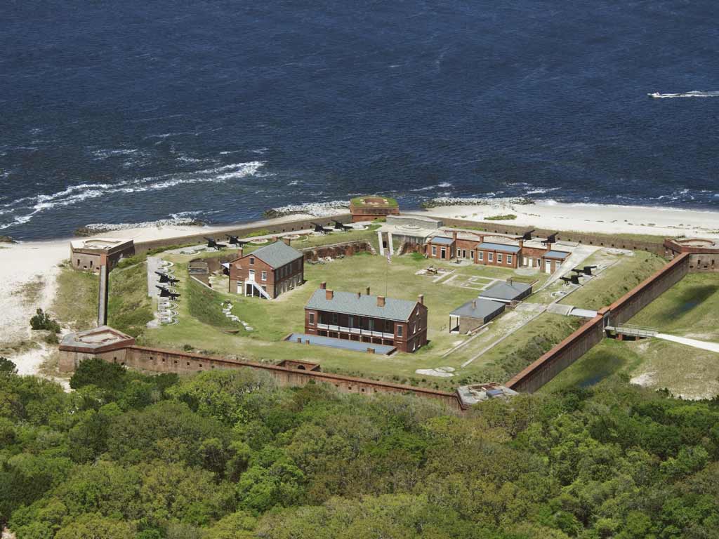 An aerial photo of Fort Clinch on Amelia Island with the sea in the background.