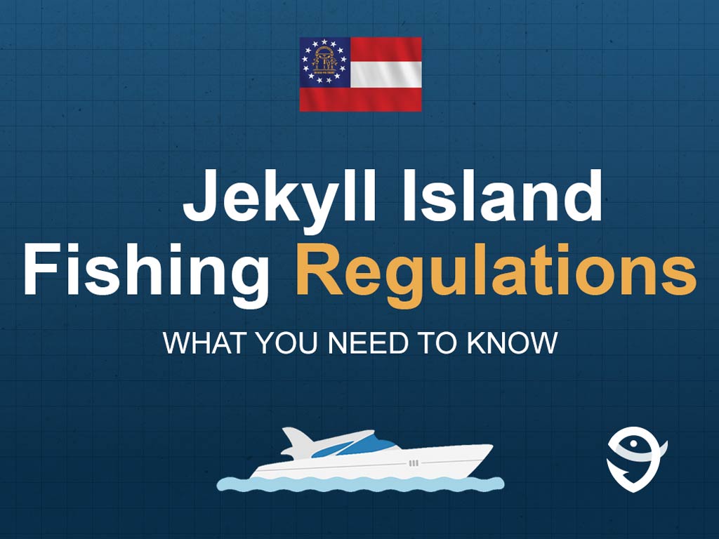 An infographic featuring Georgia's state flag with text that says "Jekyll Island Fishing Regulations" and "What you need to know" against a blue background with a charter boat and the FishingBooker logo