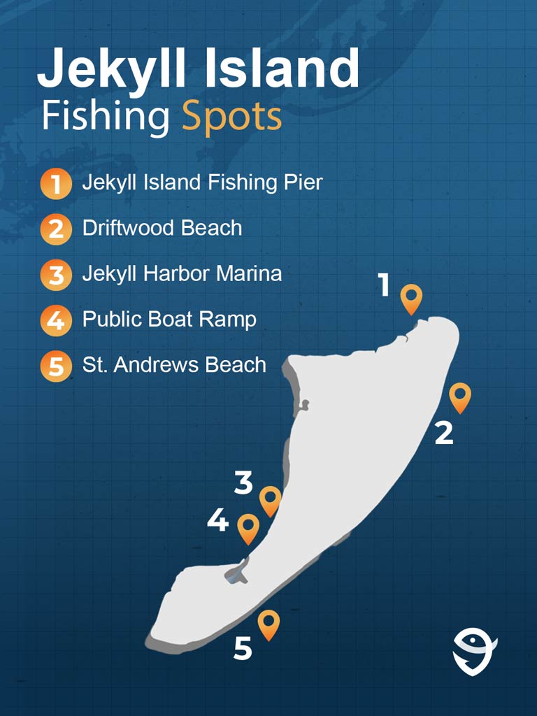 An infographic featuring the best Jekyll Island fishing spots and text that says "Jekyll Island Fishing Spots" and names of the hotspots against a blue background with the FishingBooker logo