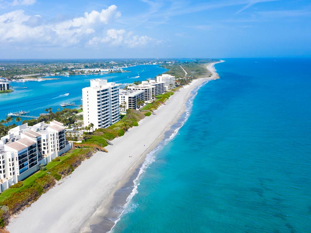 An aerial view of the coastline and the beautiful beaches in Jupiter, Florida.