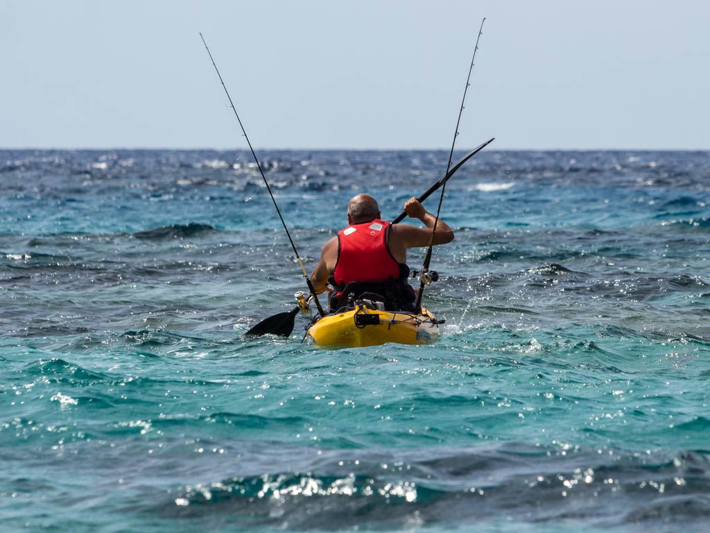 A photo of a kayaker paddling offshore with his fishing rods and gear from behind