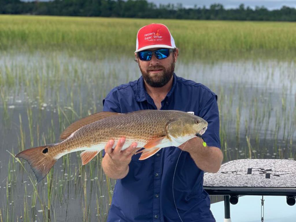 A photo of an angler standing on a Jekyll Island fishing charter and holding a Red Drum with both hands