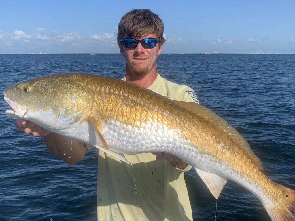 An angler holding an impressive Redfish specimen on the water