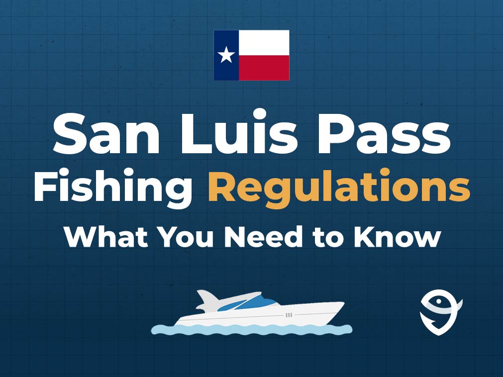 An infographic featuring Texas state flag and text that says "San Luis Pass Fishing Regulations" and "What you need to know" against a blue background with a charter boat and the Texas state flag