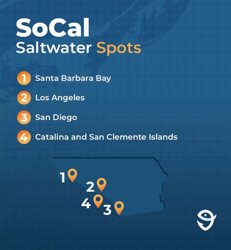 An infographic with a map of Southern California showing the top saltwater fishing spots against a blue background