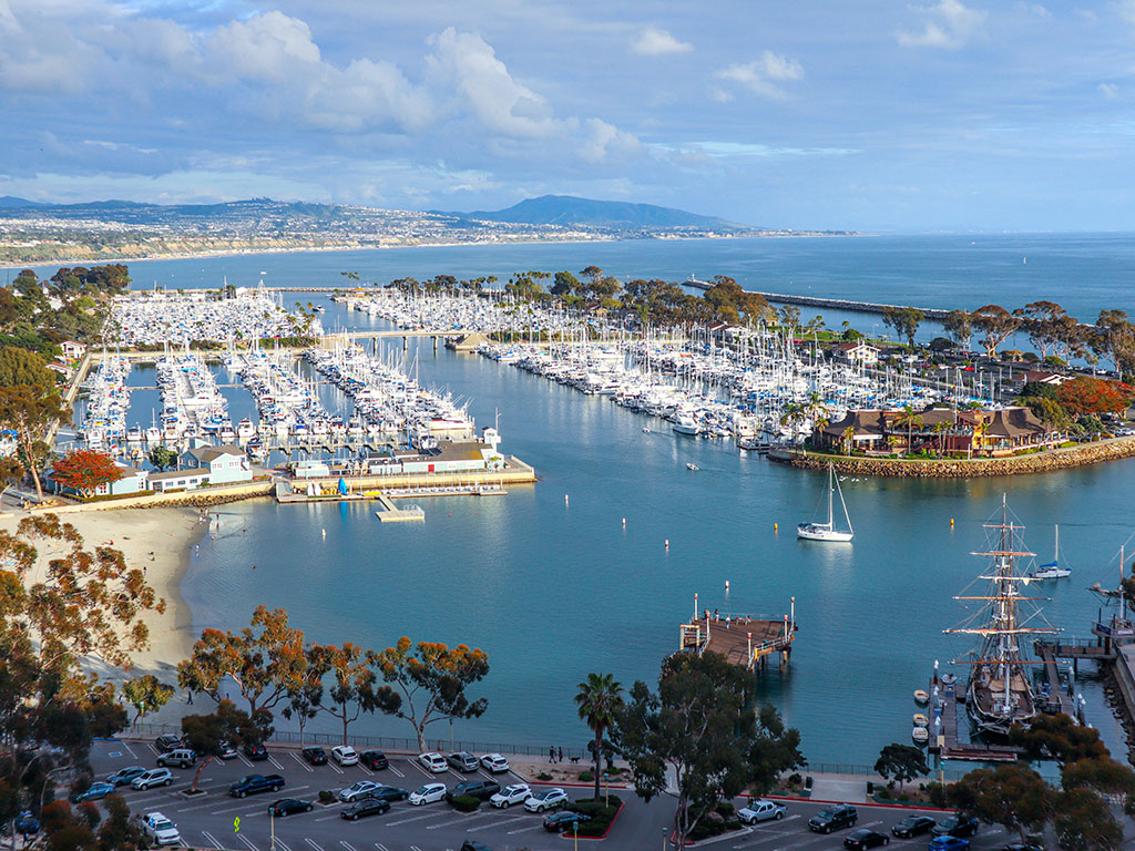A view from a hill of Dana Point marina on a sunny day