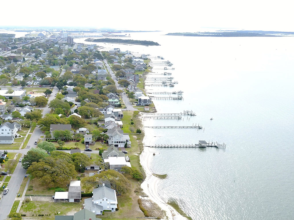 An aerial view of Morehead City on a sunny day.