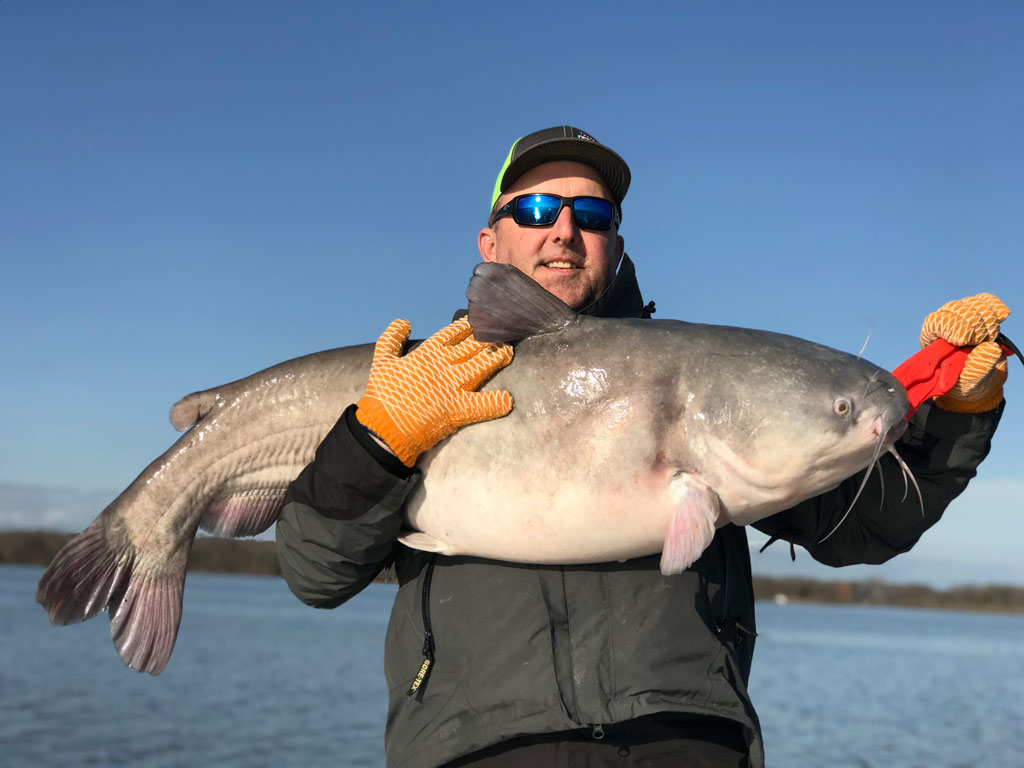 An angler posing with a big Blue Catfish he reeled in while fishing in Calaveras Lake.