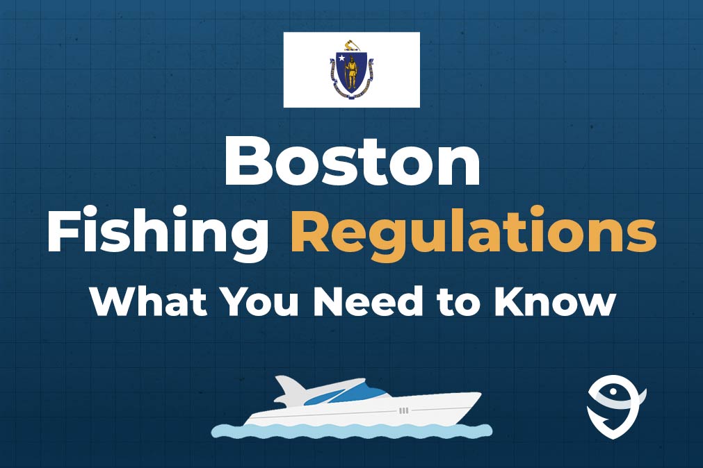 An infographic featuring the state flag of Massachusetts and the title "Boston Fishing Regulations" and text below it that says "what you need to know" against a blue background