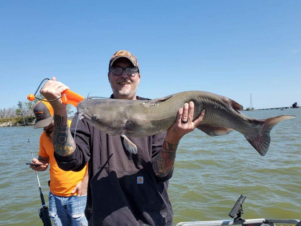 Out of two anglers standing on a charter fishing boat one is holding big Catfish while the other angler is standing behind him