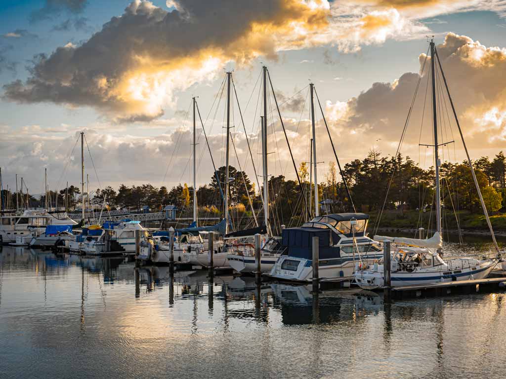 A sunset photo of boats in Emeryville Marina.