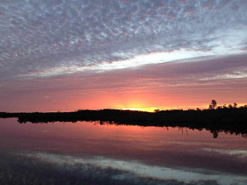 A view of the shallow waters in the Everglades at sunset, with the sun disappearing behind land in the background