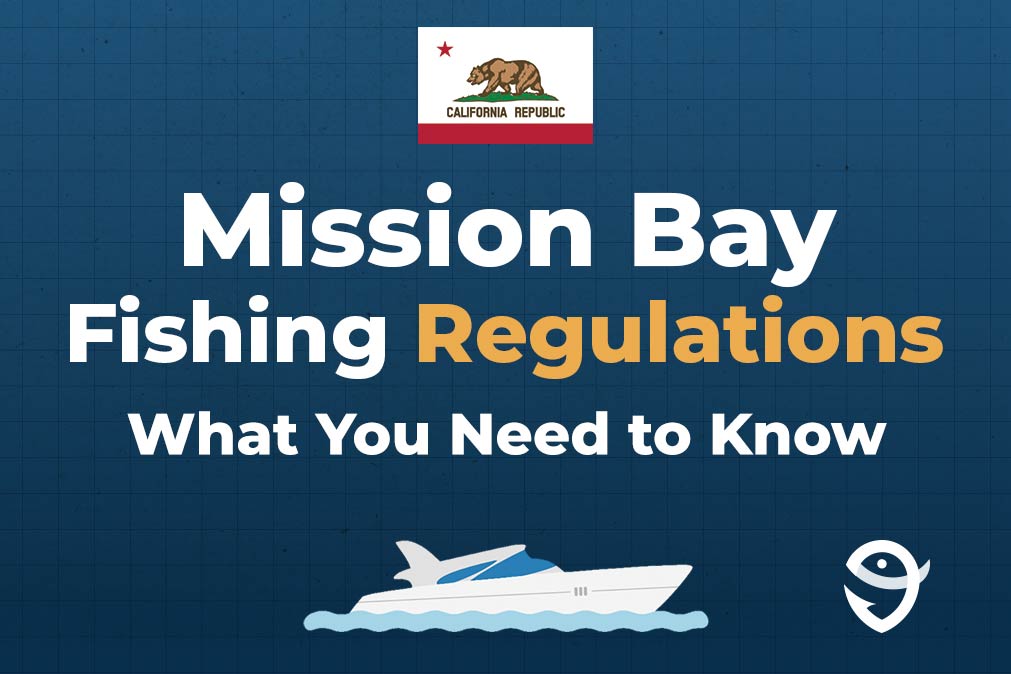 An infographic including the California state flag and a vector of a boat with text saying "Mission Bay Fishing Regulations: What You Need to Know" against a blue background