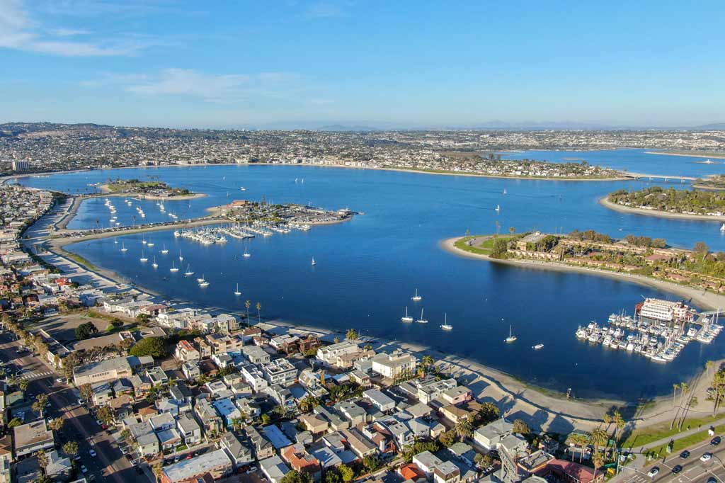 An aerial view of a marina in Mission Bay, California