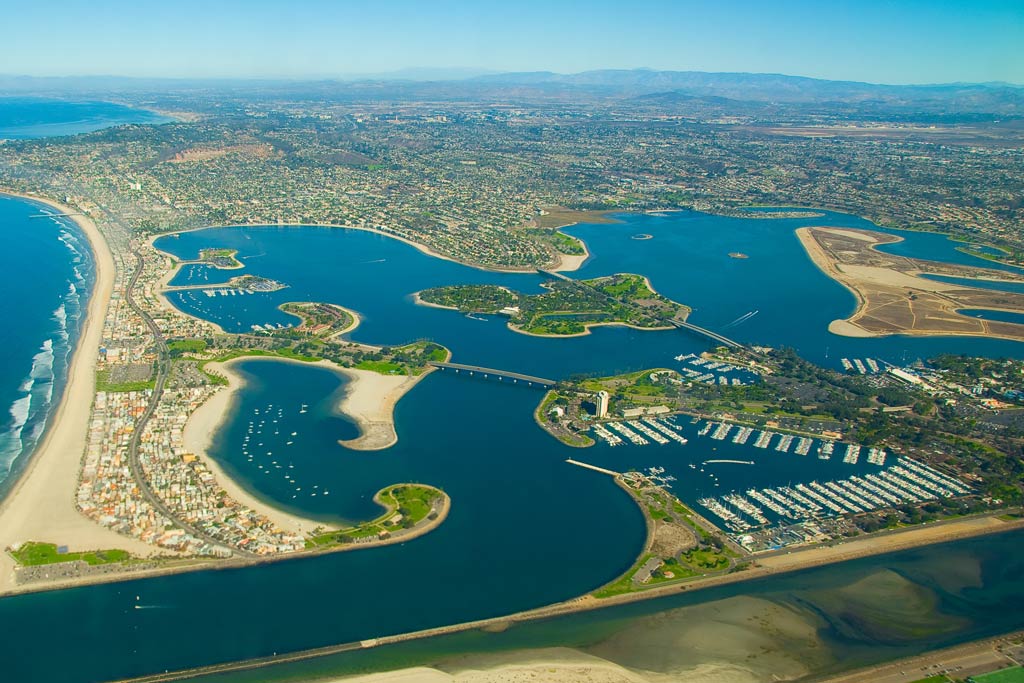 An aerial view of the whole of Mission Bay, California, on a sunny day