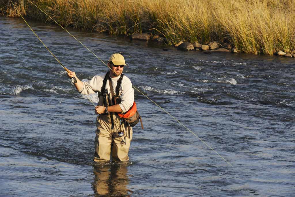 A fly fisherman wading in a river, holding his fly rod and fishing line in the air