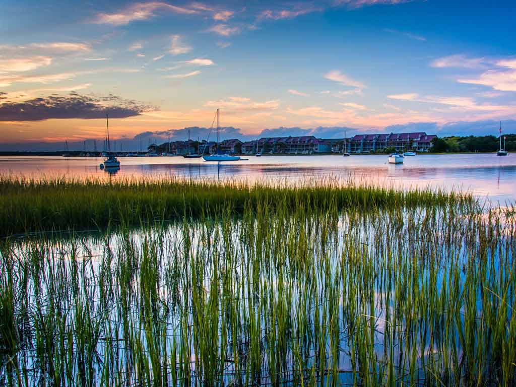 A sunset view of the marsh in Folly Beach.