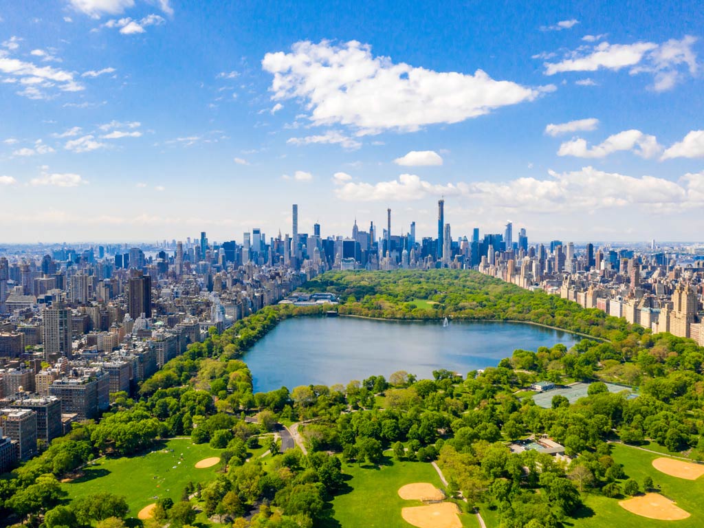 An aerial view of lush greenery of Central Park in New York City during a bright sunny day