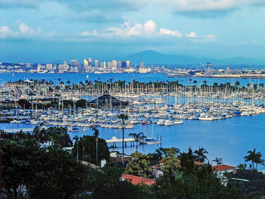 An aerial shot of boats harbored at Shelter Island in Point Loma.