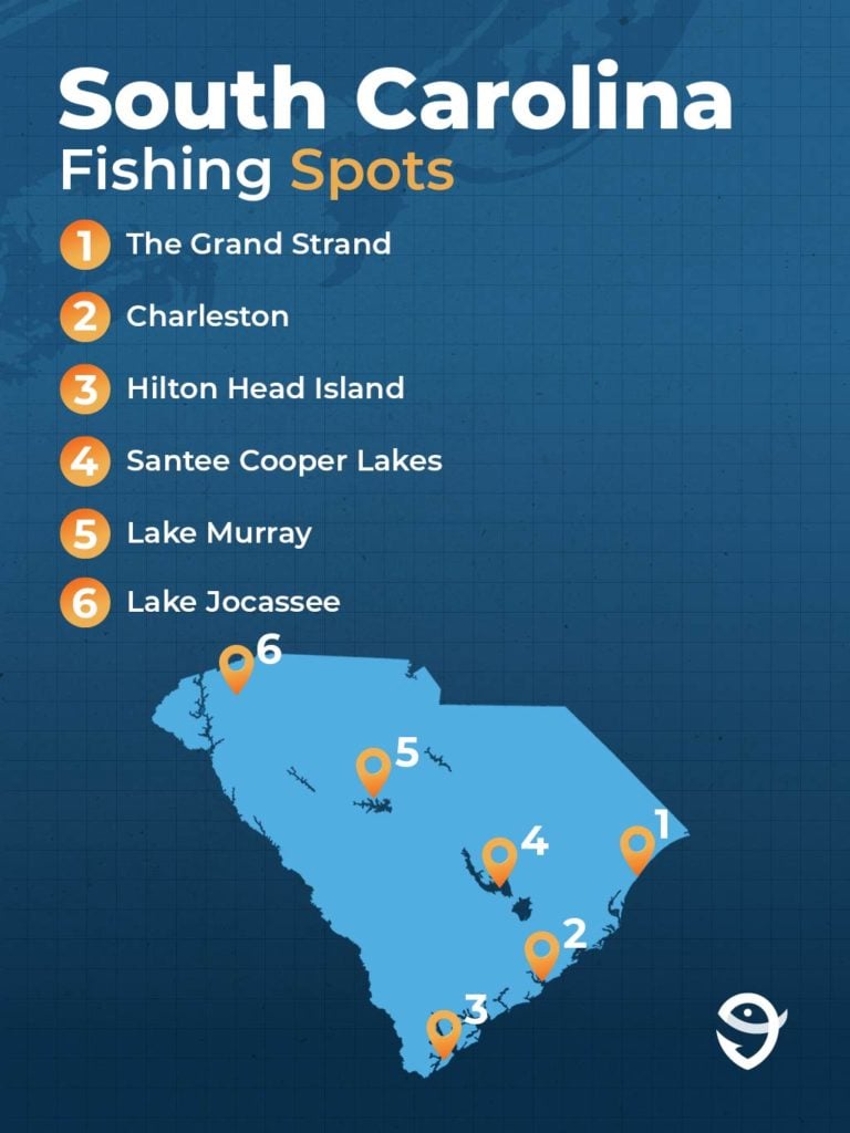 An infographic image featuring the map of South Carolina and a list of top fishing spots in the state, including the Grand Strand, Charleston, Hilton Head Island, Santee Cooper Lakes, Lake Murray, and Lake Jocassee.