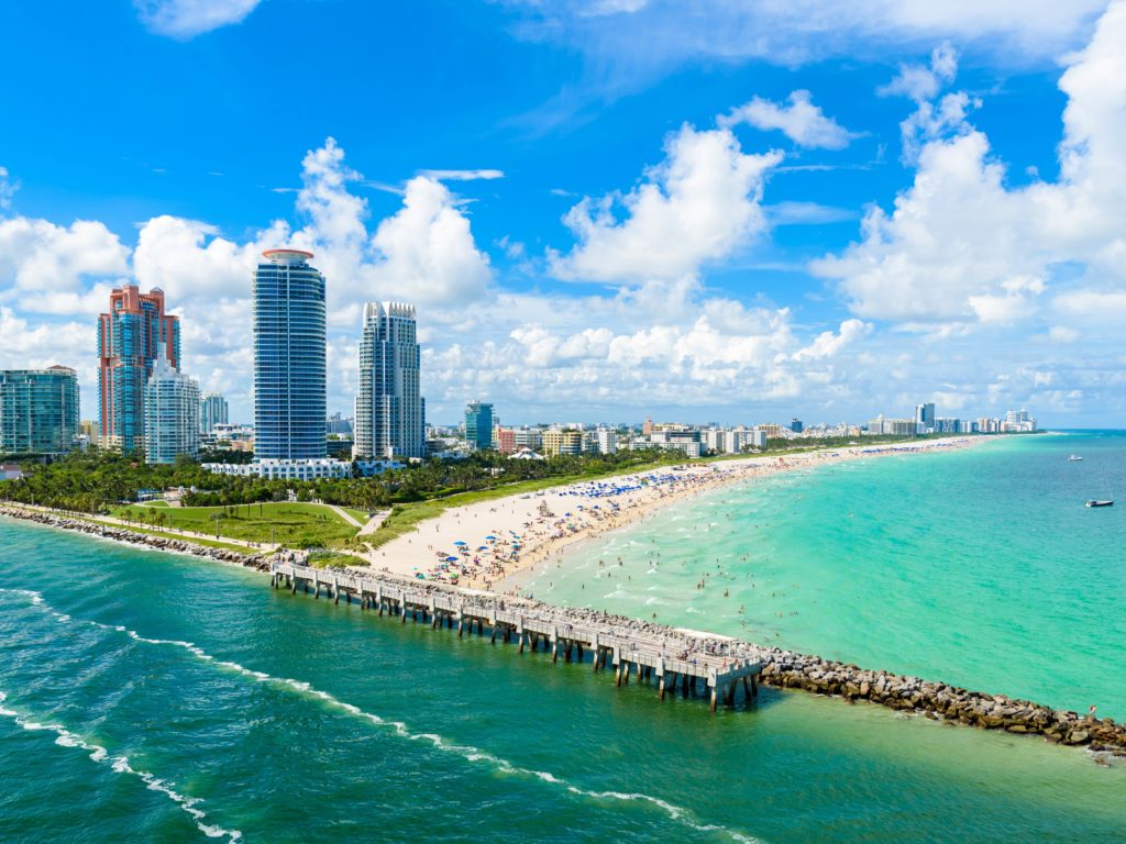 An aerial view of South Point Park and Pier at South Beach, Miami Beach