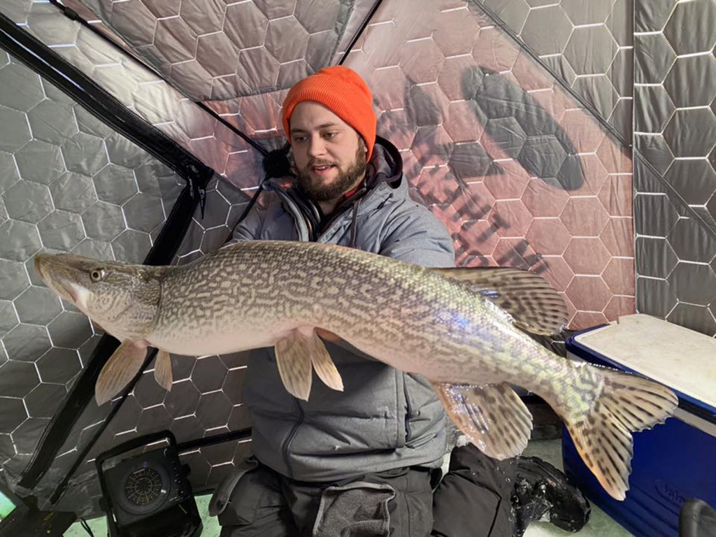 A kneeling angler holds up a Pike he caught on an ice fishing trip.
