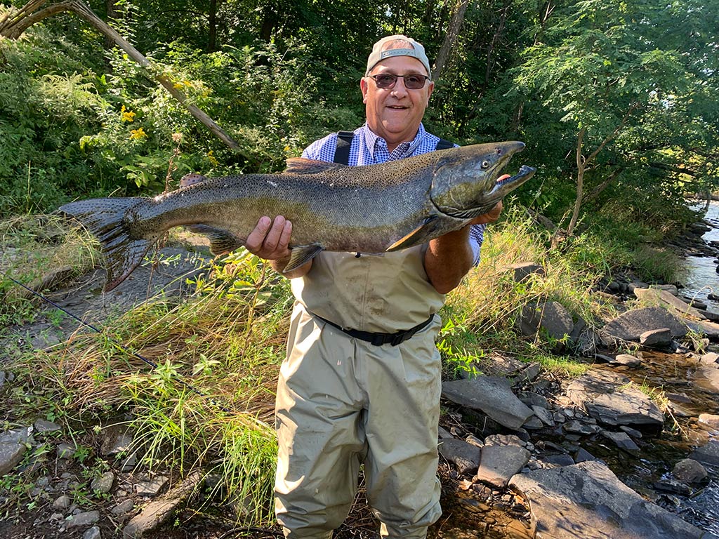 An elderly angler in waders holding a large Brown Trout caught while fishing the Salmon River